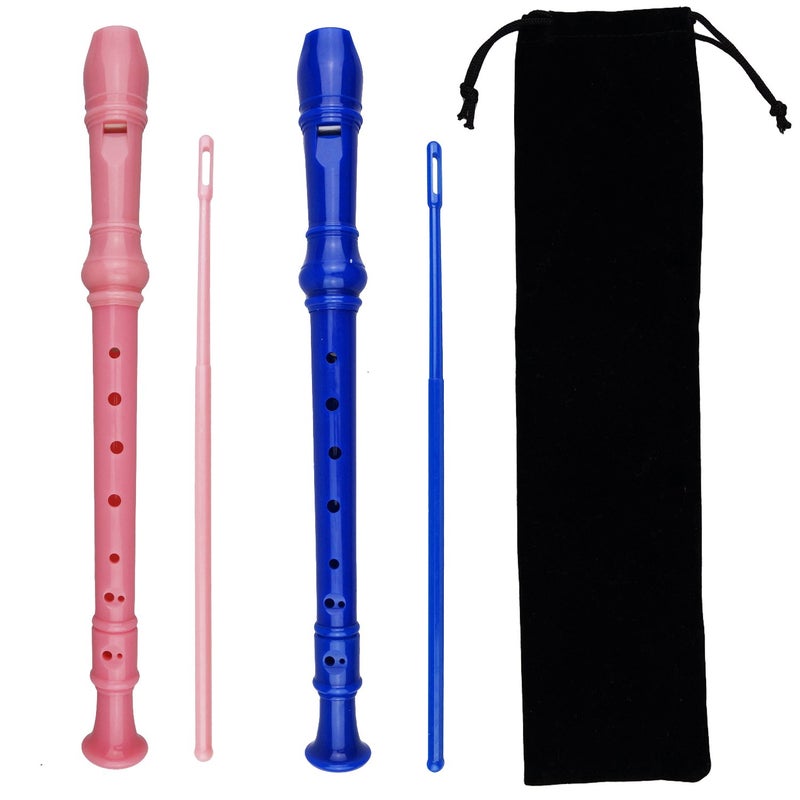 Kasteco 2 Pack German Style 8 Hole-3 Piece Descant Soprano Recorders with Cleaning Rod, Black Storage Bag, ABS Material (Pink and Blue) - Image 1
